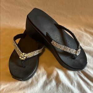Volatile Black Rhinestone Wedge Sandals
